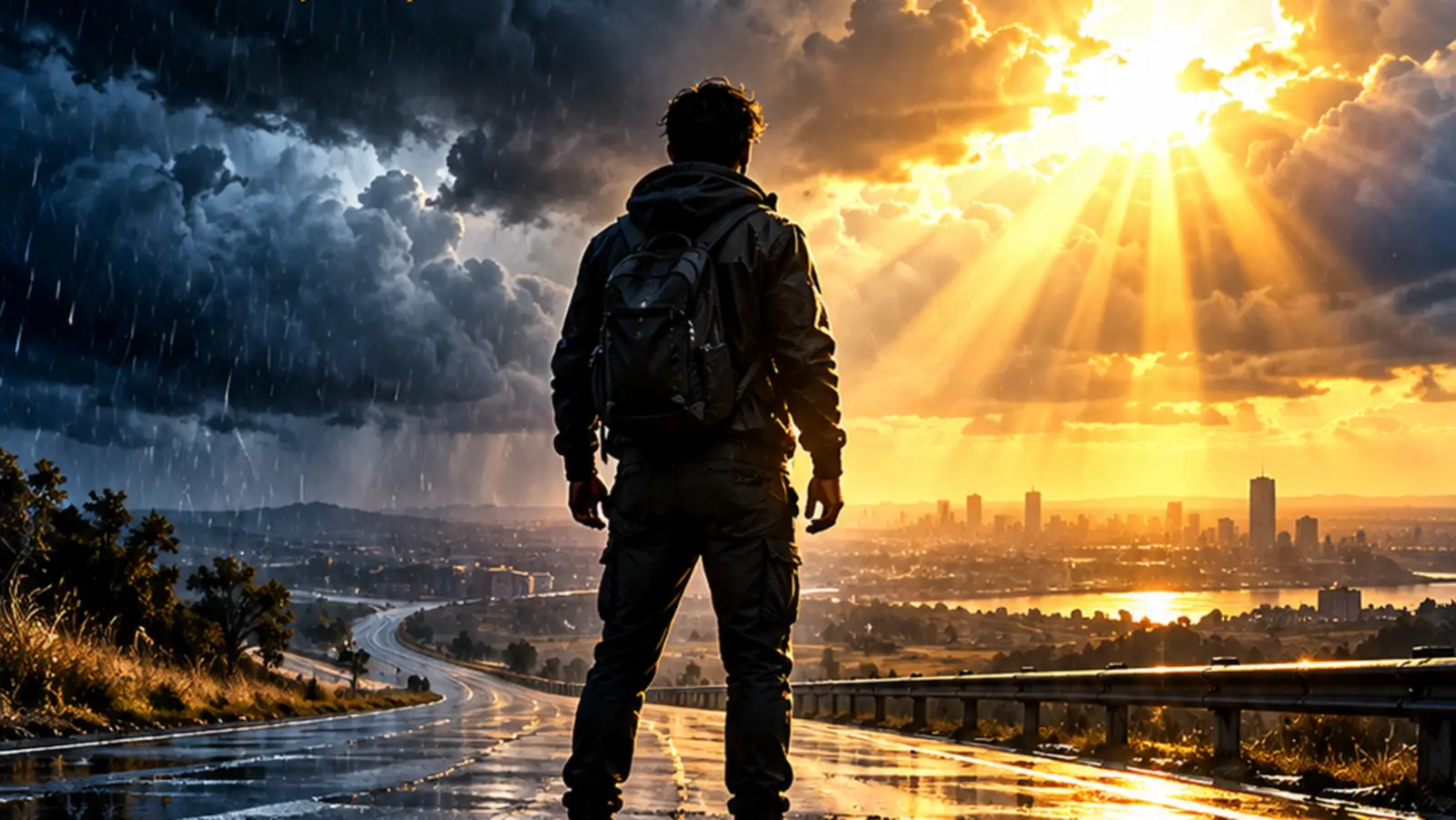 A man watching the sun break through storm clouds over the city, a symbol of rising again