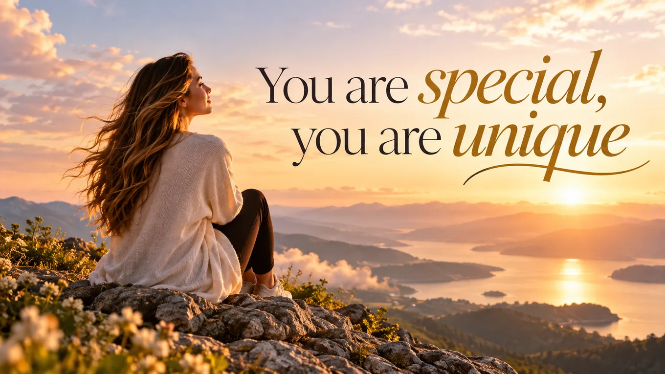 You are special, you are unique: a woman sitting on a rocky hilltop watching the sunrise over the sea